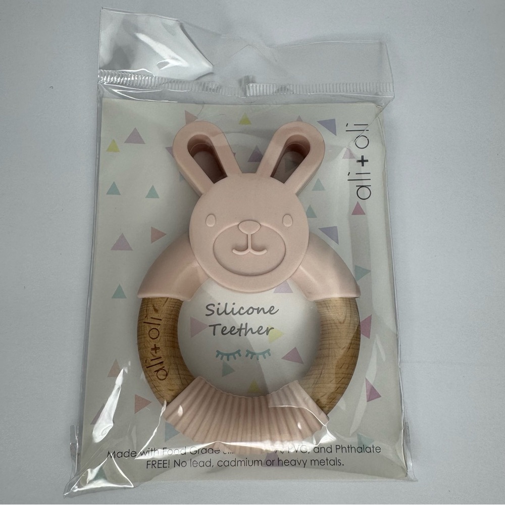 ali + oli‎ Pink Silicone and Wood Minimalist Girly Bunny Teether